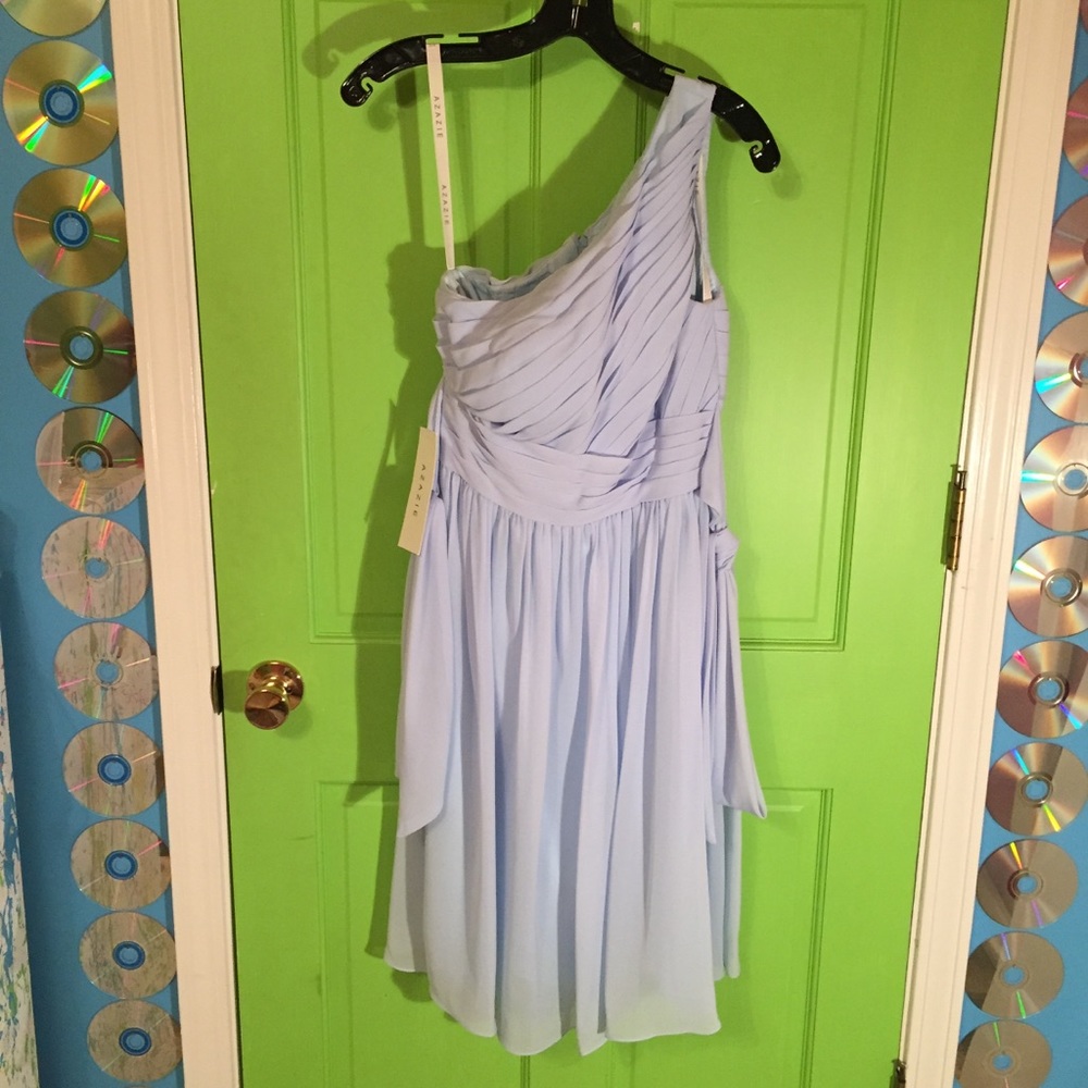 One Shoulder Sky Blue Azazie Bridesmaid’s Dress